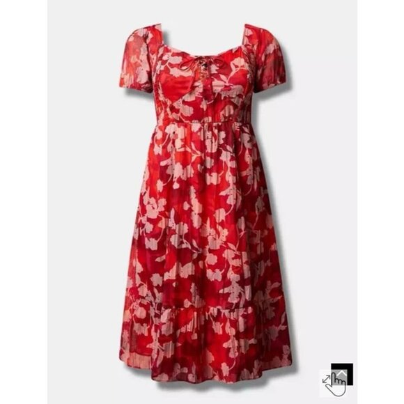 Torrid Midi Lined Lace Up Sweetheart Neckline Dress 2X 18-20 Floral Ruffle Red - Picture 12 of 12